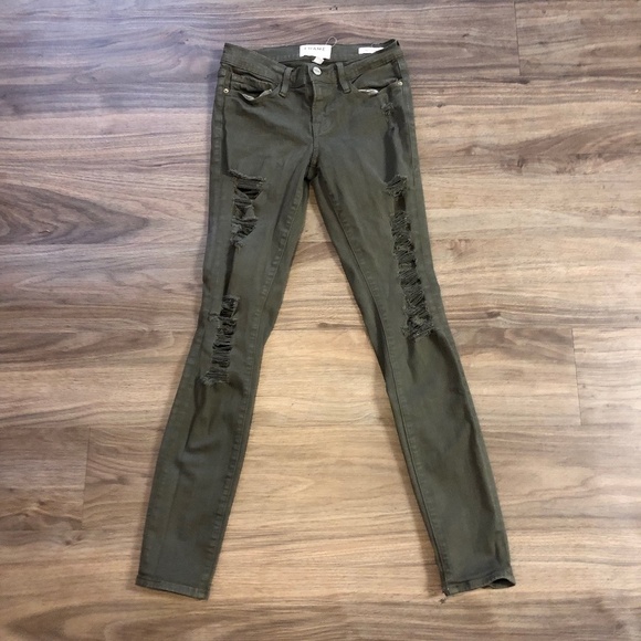 Frame Jeans Women's 25 Le Skinny de Jeanne Forrest Green Distressed Denim - Picture 1 of 7